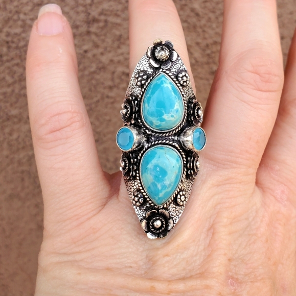 New Mosaic Jasper and Chalcedony 925 Silver Statement Ring. - Picture 7 of 16